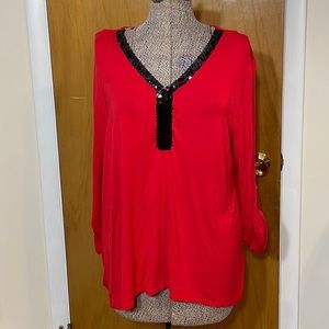 Emaline Womens XL Red Blouse Black Sequin V-Neck